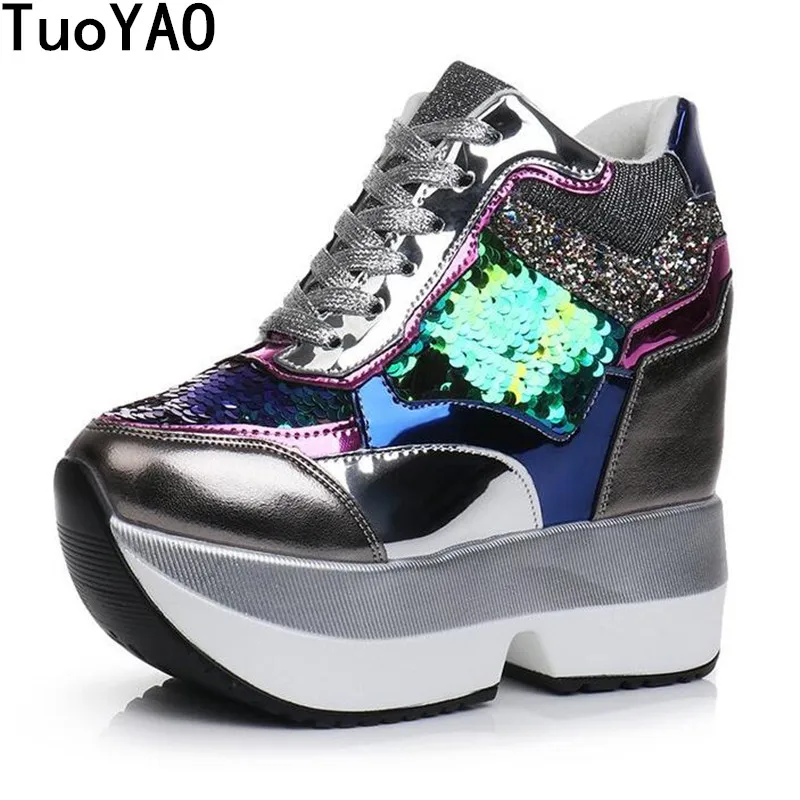 

New 2018 Fashion Women High Platform Shoes Breathable Sequins Shoes Women Height Increased 12 CM Thick Sole Trainers Sneakers