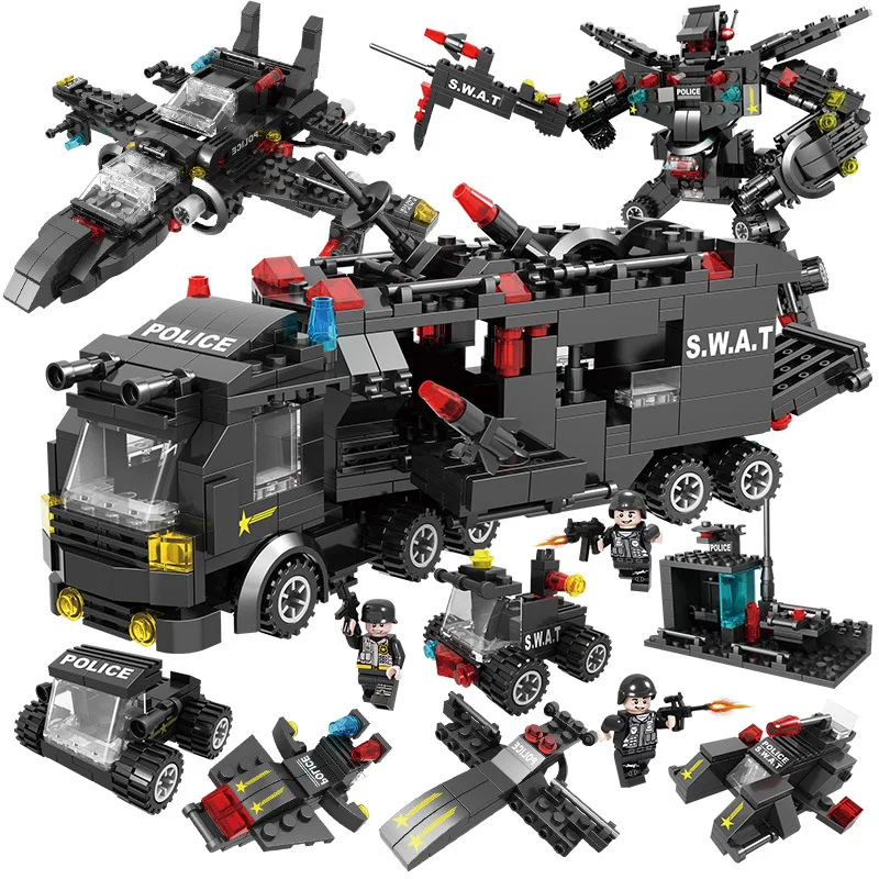 

418PCS 8 in 1 City Armour SWAT Police Truck Building Block Compatible LegoING Military Helicopter Boat Brick Policeman Toy Gift