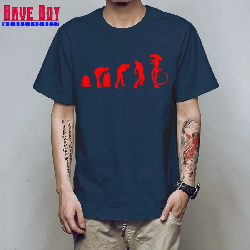 У мальчика для мужчин Эволюция инопланетянина Футболка Лето Прохладный печатных короткий рукав хлопок Эволюция футболки для мужчин HB317 - Цвет: navy red