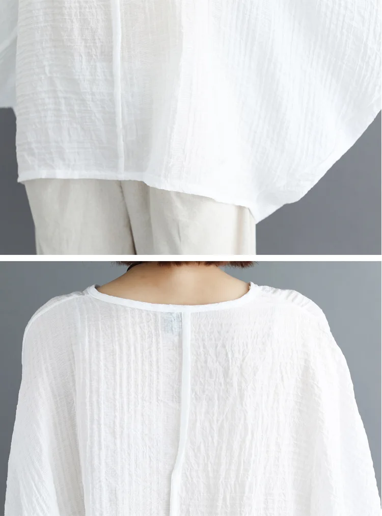 LZJN Summer Women Fashion Shirt Solid White Black Color Oversize Loose Tops Batwing Sleeve Casual Cotton Linen Blouse Plus Size (21)