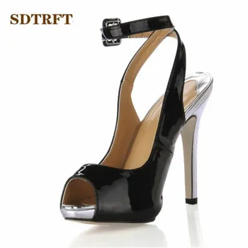 

SDTRFT Crossdresser Plus size:35-43 brand 11cm thin heels women wedding pumps Peep toe ladies shoes woman summer buckle sandals