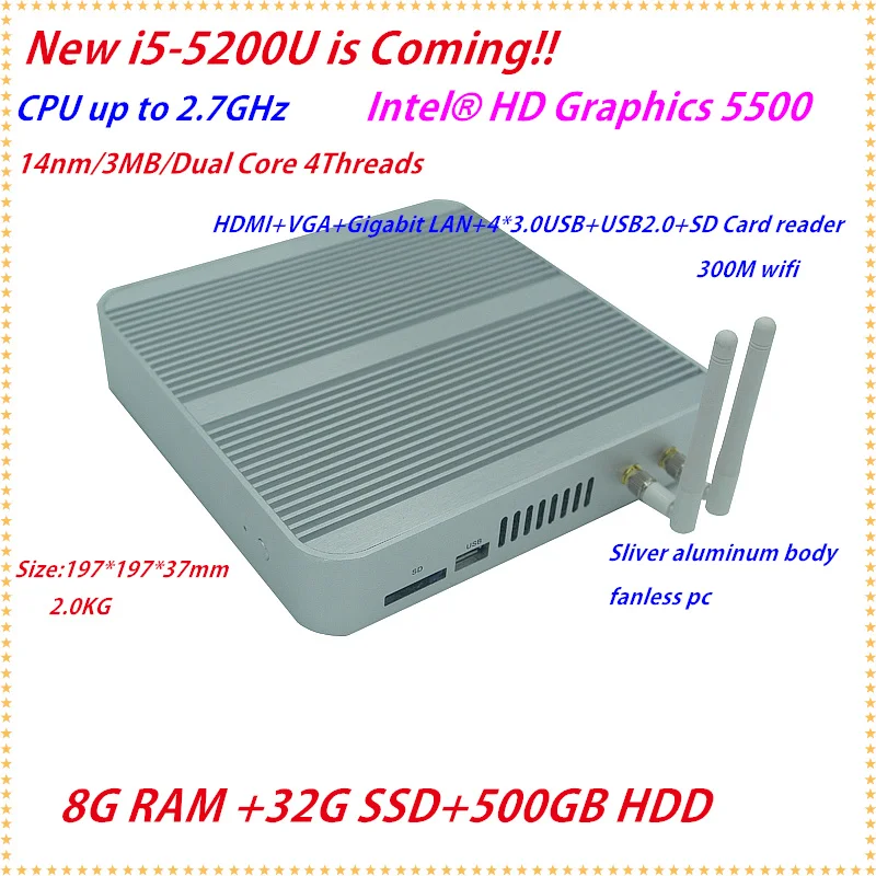 

New Broadwell Processor Intel Core i5 5200u 8G RAM 32G SSD+500G HDD HD Graphics 5500 Mini ITX PC with No Fan Dual Gigabit Lan