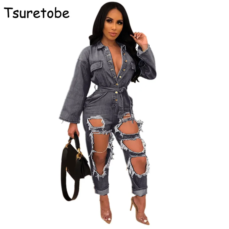 

Tsuretobe Sexy Hole Denim Jumpsuit Women Fashion Button Full Sleeve Bodycon Bodysuit Ladies High Quality Casual Slim Romper