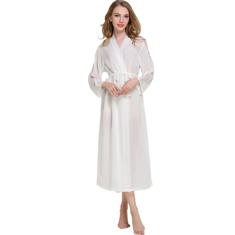 Модная сексуальная пижама платье неглиже с длинным рукавом кружевная ночная рубашка с халат с поясом Атласный Женский халат для подружки невесты - Цвет: white