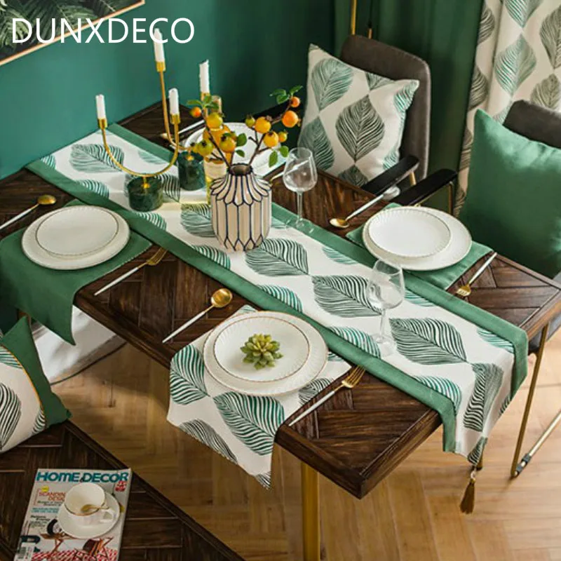 

DUNXDECO Table Runner Long Table Cover Fabric Garden Party Decoration Cloth Country Style Green Leaves Linen Cotton Home Textile