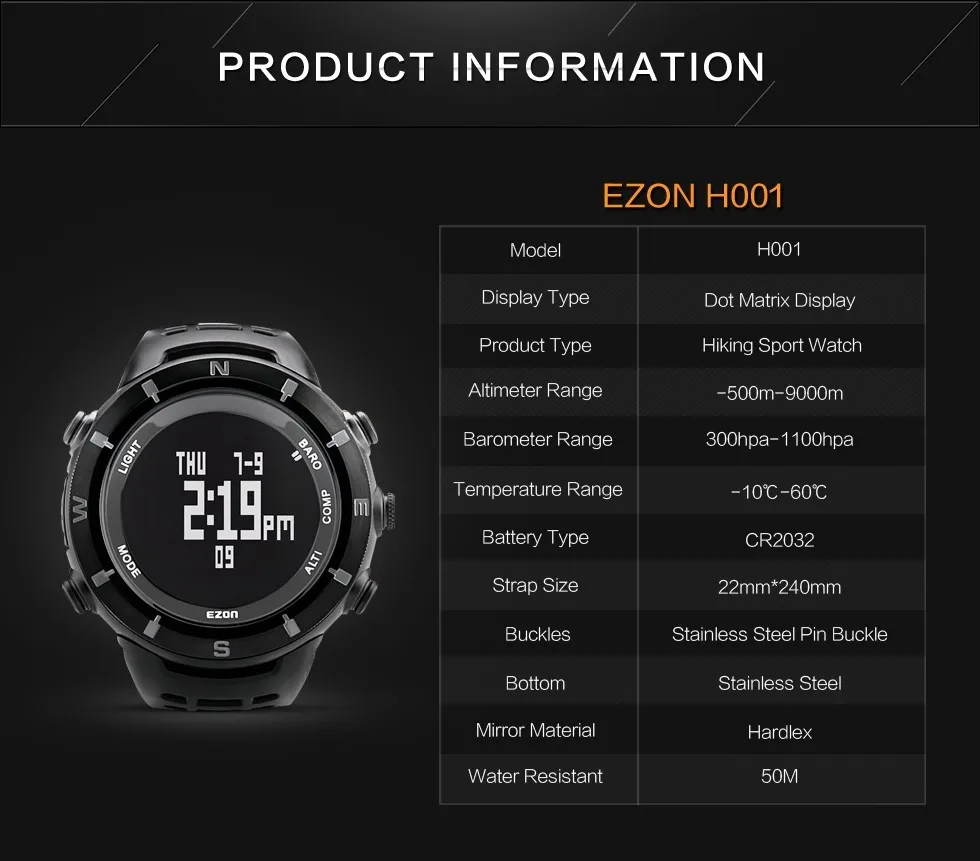 Мужские часы EZON, брендовые, водонепроницаемые, для улицы, для альпинизма, альтиметр, барометр, компас, спортивные, Relogio, цифровые часы, часы