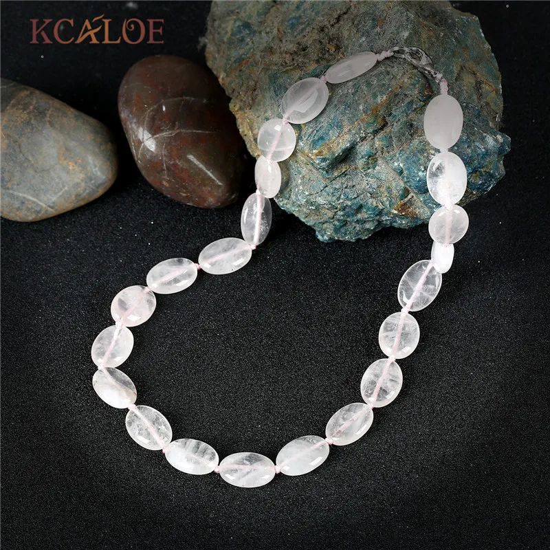 

KCALOE Transparent Pink Crystal Quartz Necklace Women Fashion Accessories Wedding Jewelry Oval Natural Stone Chokers Necklaces