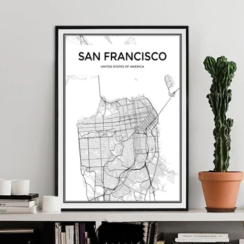 

San Francisco City Map Black and White Canvas Paintings Minimalist Posters Prints Wall Art Pictures for Living Room Home Decor