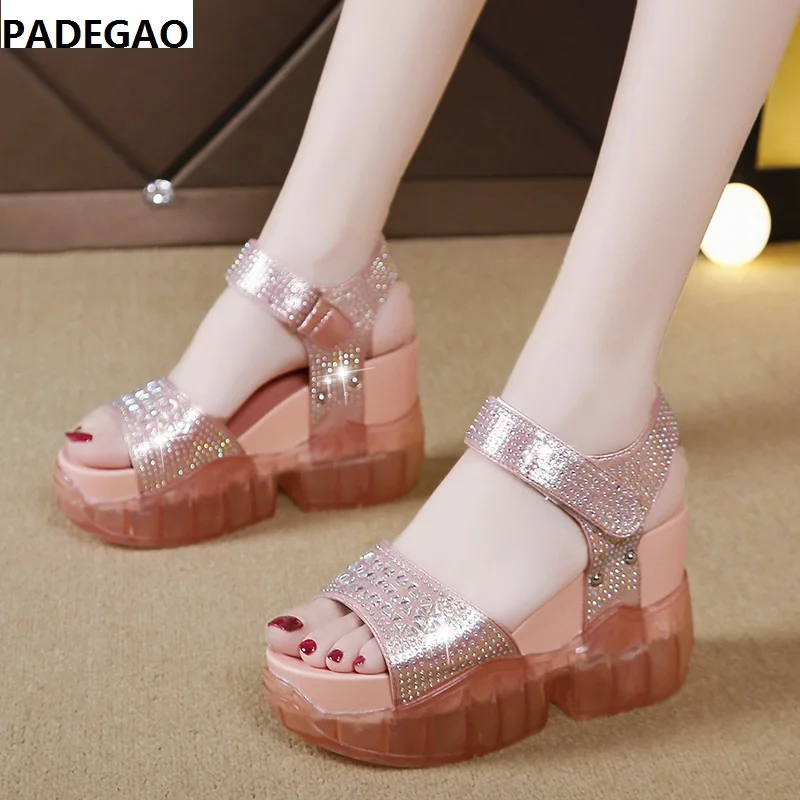 

New summer jell-o shoes, open-toed students' thick-soled rhinestones, Korean version of velcro-stick sports sandals