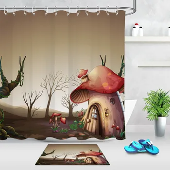 

Mushroom House In Fairy Forest Extra Long Shower Curtain With Mat Set Bathroom Nature Waterproof Fabric For Art Bathtub Decor