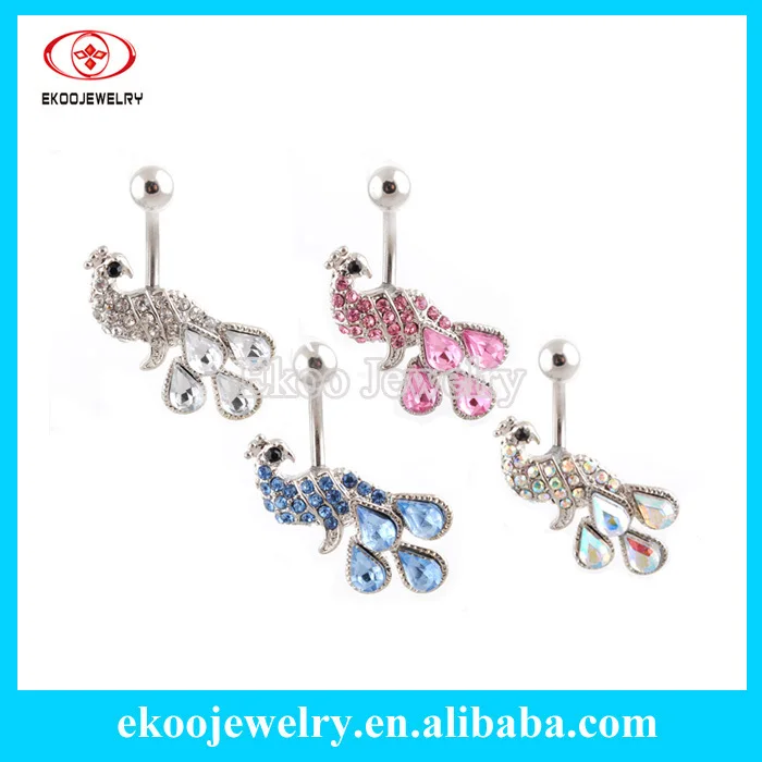 

316L Surgical Steel Gemmed Peacock Navel Belly Bars Mixed 4 Colors Free Shipping
