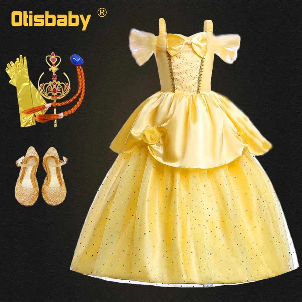 

2019 Girls Belle Dress Up Fantasy Yellow Fairy Dress Up Shoulderless Fancy Girls Carnival Beauty and the Beast Princess Costume