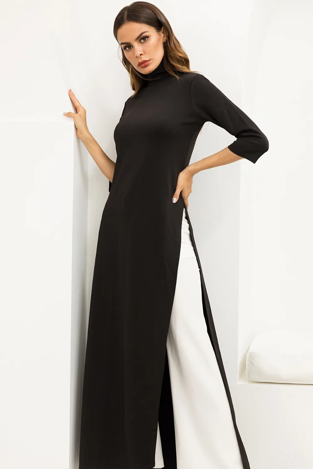 Черная футболка Макси платье для женщин водолазка с разрезом сбоку Высокая талия вечерние длинные черные облегающие платья размера плюс футболка платье Vestidos