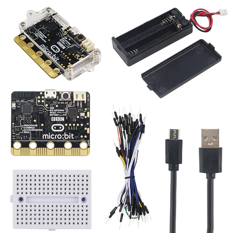Tanie BBC Micro bit Starter Kit Micro bit Board + akrylowa skrzynka + przełącznik pojemnik na pudełko baterii + dane usb kabel zasilający + płyta chlebowa + przewody