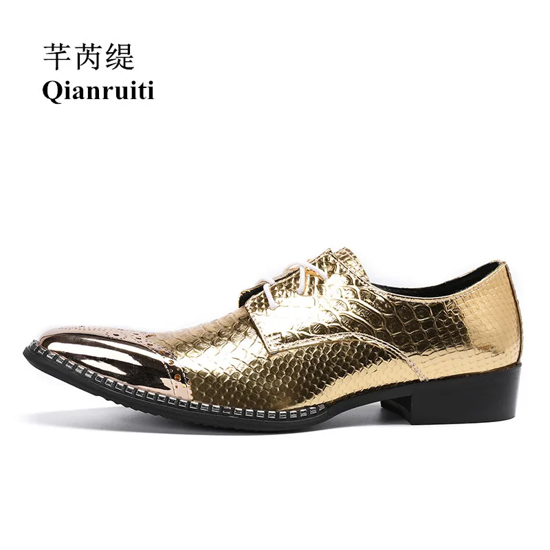 

Formal Business Men Alligator Gold Shoe Metal Toe Business Wedding Oxfords High Quality Lace-up Men Dress Shoe EU39-EU46