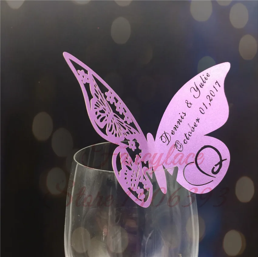 

50pcs Butterfly Place Escort Wine Glass Cup Paper Card for Wedding Party Home Decorations White Blue Pink Purple Name Cards