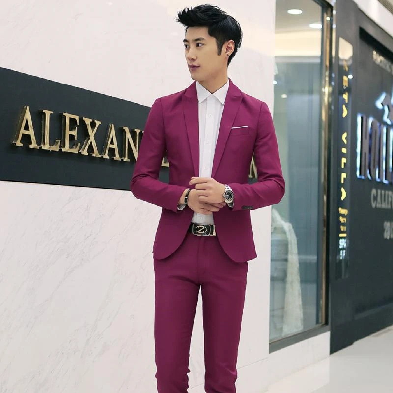 Мужской костюм формальный свадебный жених Slim Fit пальто куртка брюки набор одна пуговица Хлопок Смесь плюс размер вечерние ний костюм модные блейзеры - изображение