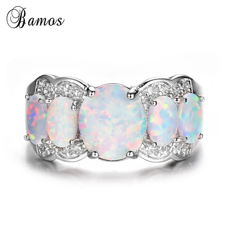 Bamos Fashion Vintage Opal Wedding Ring Round Rainbow Finger Rings 925 Sterling Sliver Filled Bride Jewelry Birthstone Gifts | Украшения и