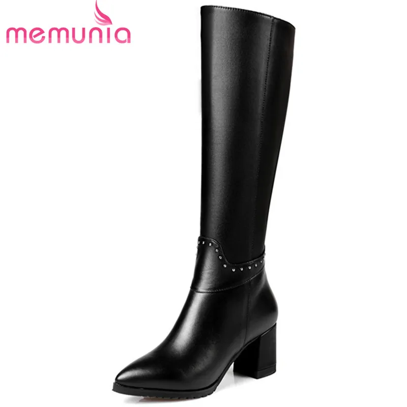 

MEMUNIA Top quality womens boots genuine leather + PU high heels shoes knee high boots pointed toe zip rivets large size 34-43