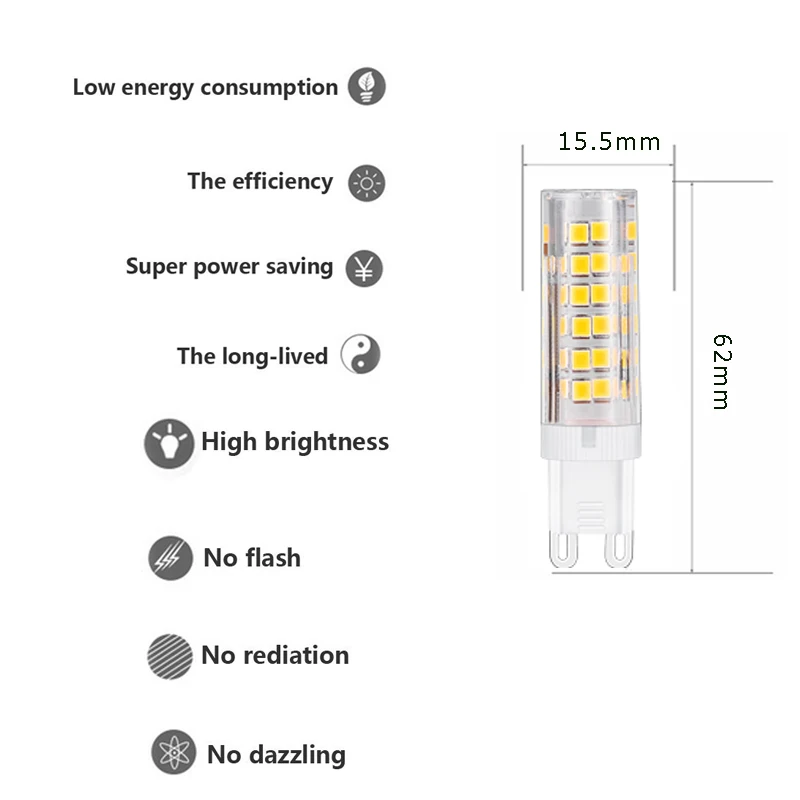 6 piezas G9 bombilla LED 220 V 5 W LED Lampara 230 V 240 V 360 Ángulo de haz 2835 SMD 75LED LED G9 luz del maíz reemplazar 40 W 50 W foco halógeno