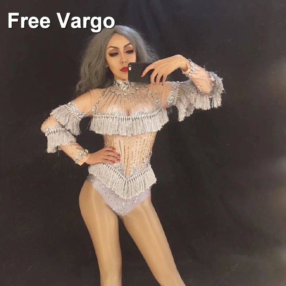 Luxury Sparkly Crystals Tassel Bodysuit Costume Celebrate Rhinestones Birthday Silver Diamonds Leotard Sexy Nightclub Stage Wear Luxury Sparkly Crystals Tassel Bodysuit Costume Celebrate Rhinestones Birthday Silver Diamonds Leotard Sexy Nightclub Stage Wear