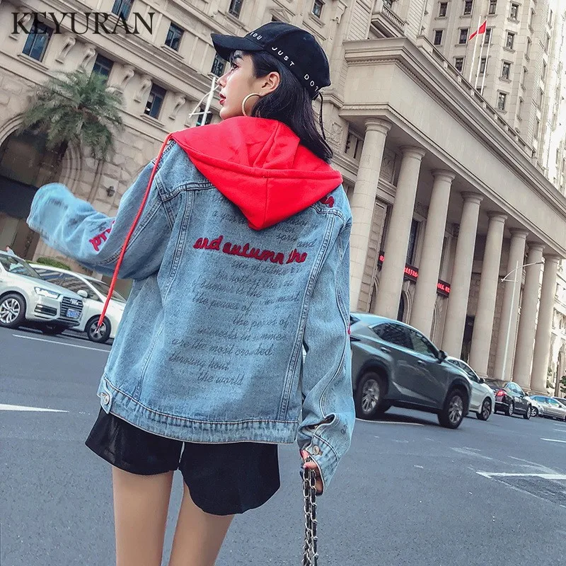 

Hooded Jacket Denim Coat Women Embroidery Letter Jean Basic Jackets 2019 Autumn Button Up Female coat Casual Patchwork Jacket