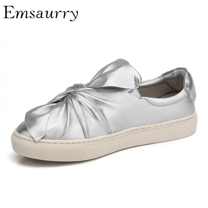 

Geniune Leather Casual Shoes Gold Silver Slip On Loafers Butterfly-knot Flat Shoes Preppy Style Women Shoes