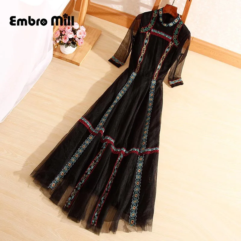 

The New Indie Folk Style Mesh embroidery dress 2019 Autumn Women Standing collar Slim Retro Long dress S-XL