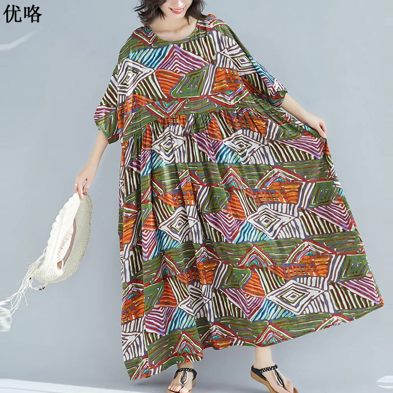 

Plus Size 4XL 5XL 6XL 7XL 8XL Robe Dress 2019 Summer New Ethnic Print Cotton Maxi Dress Femme Vintage Loose Long Beach Dresses