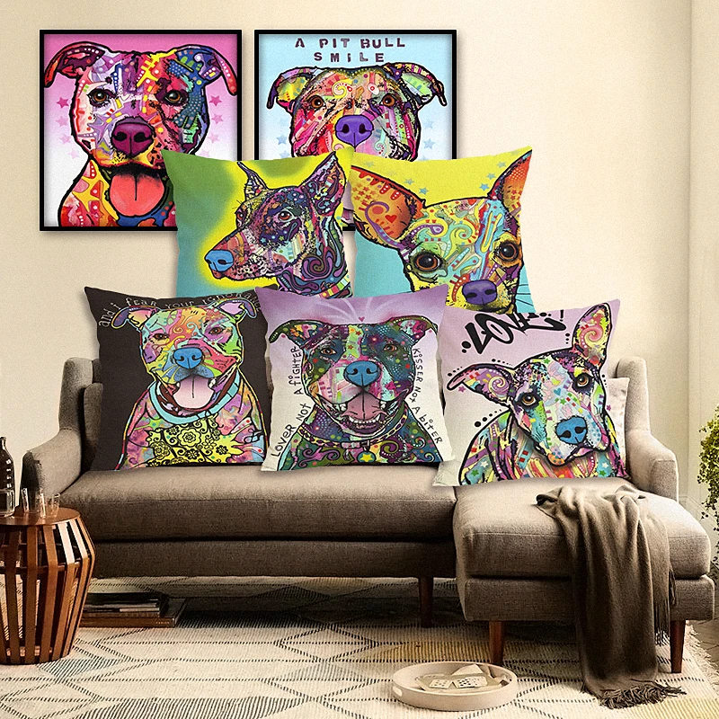 

Cartoon Style Decor Cotton Linen Cushion Cover Multicolor Dog Pattern Print Sofa Throw Pillow Case Home Decor Square Cojines