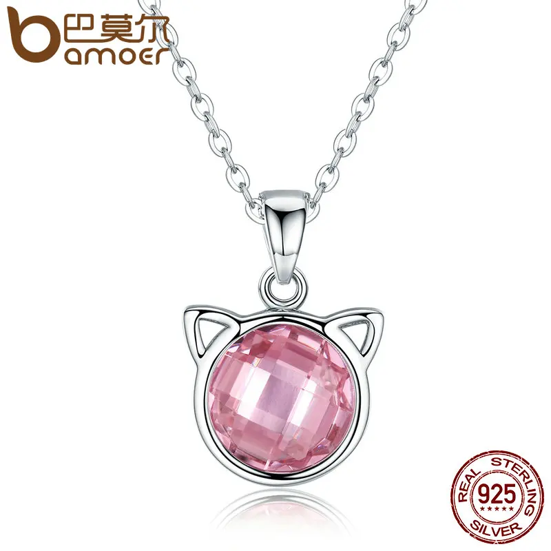 

BAMOER Genuine 925 Sterling Silver Cute Cat Pendant Necklaces with Pink Zircon for Women Animal Jewelry SCN083