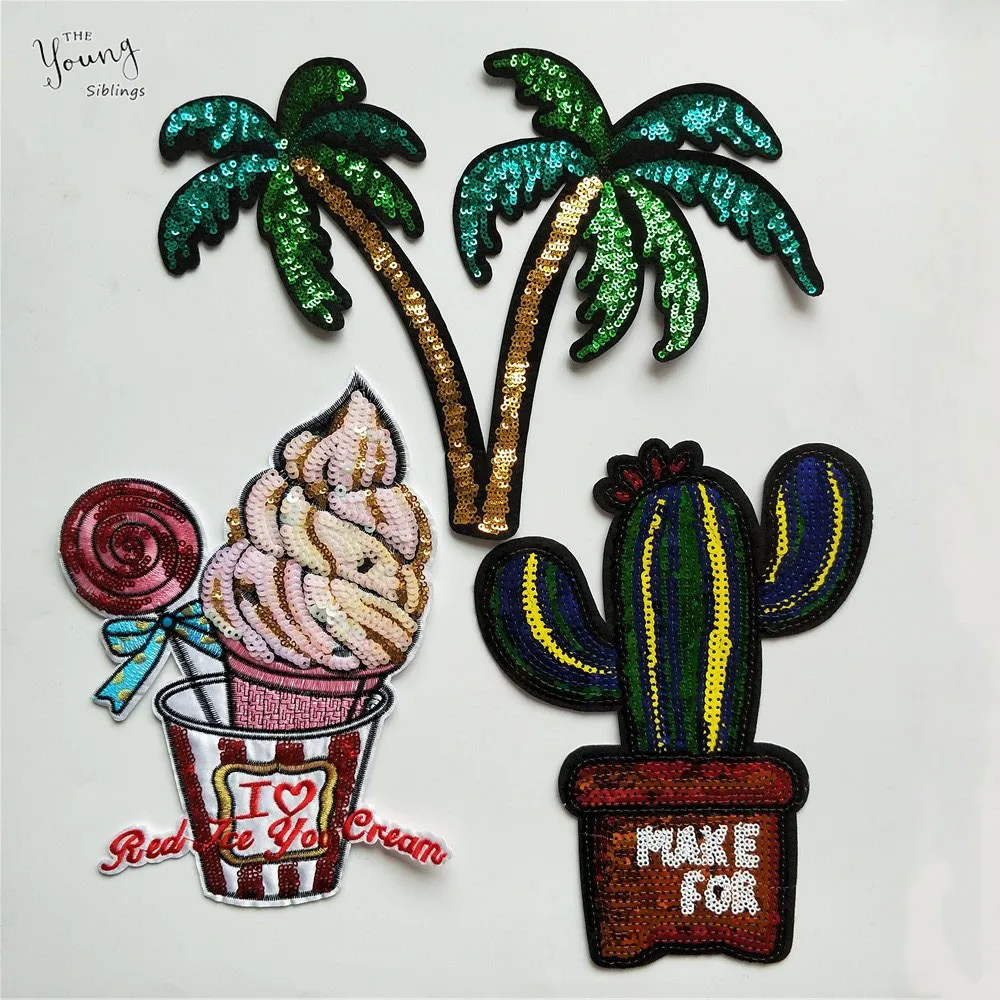 

New Plant Cactus patch Sequins Ice cream Iron on Patches for Clothing DIY Stripes Clothes Coconut trees Stickers Custom Badges