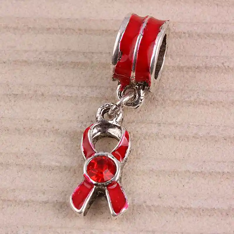 

SUNYIK 1Lot (10Pc) Red Enamel Ribbon Awareness AIDS Crystal Bail Big Hole Beads Pendant Fit Chain
