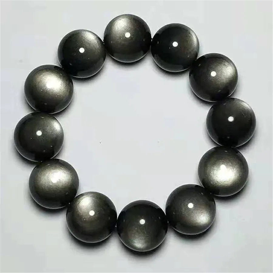 

Natural Silver Obsidian Grey White Light Gem stone Round Beads Bracelet 16mm AAAA