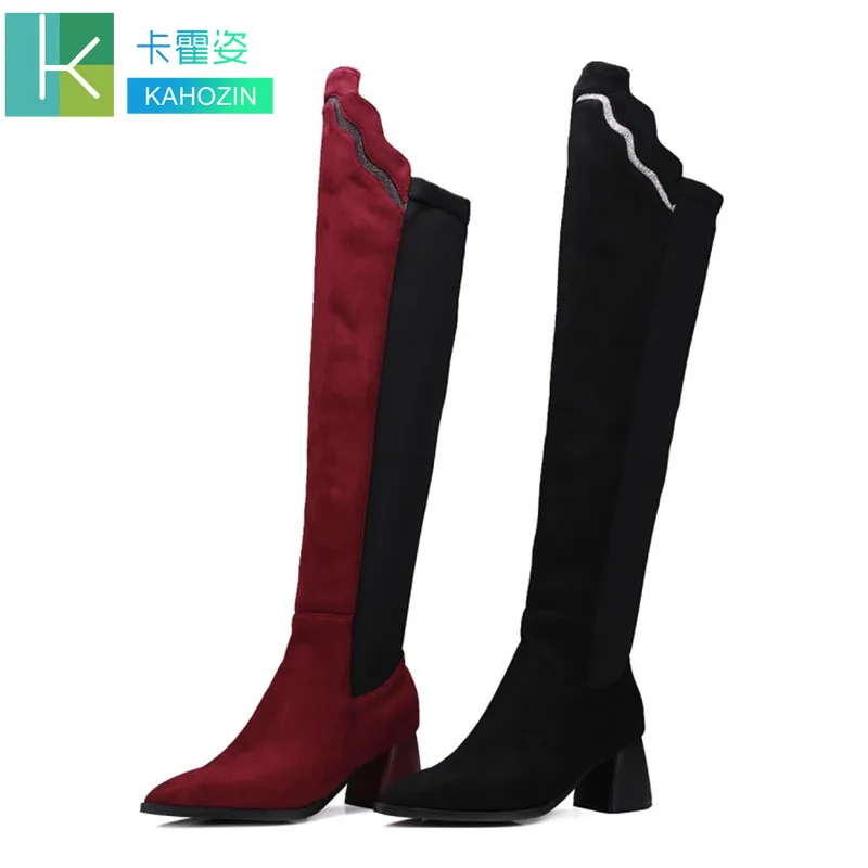 

women shoes thigh high boots faux suede slim boots Med Pointed Toe Snow Boots Over-the-Knee Flock red black Fashion boots