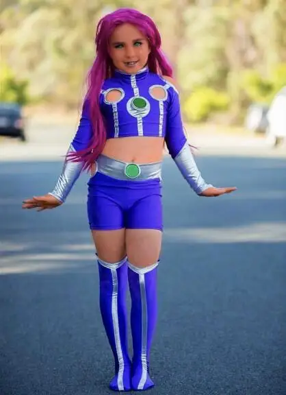 

Kids Starfire Cosplay Superhero Costume Spandex Zentai Suit Top and Shorts Halloween Costume for Kids