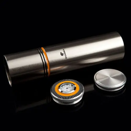 COHIBA Silver Aluminium Alloy Cigar Jar Tube Humidor W/ Humidifier Hygrometer