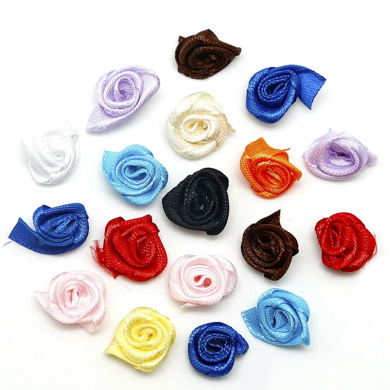 

50PCS 1.5cm Handmade Satin Ribbon Rosettes Fabric Flower Bow Appliques for Wedding Decor Fashion Dress DIY Sewing Accessories