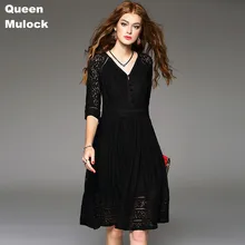 Бренд Queen mulock, кружевное Открытое платье, женское сексуальное платье с v-образным вырезом, однобортное платье, женское тонкое платье-туника, осенне-зимние платья