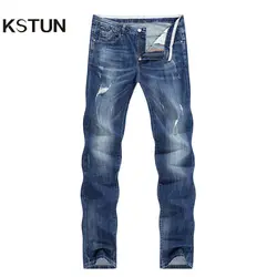 KSTUN Для мужчин модные байкерские джинсы нового дизайна уничтожено человек Рип Жан тонкий прямой хип-хоп стрейч синий Повседневное