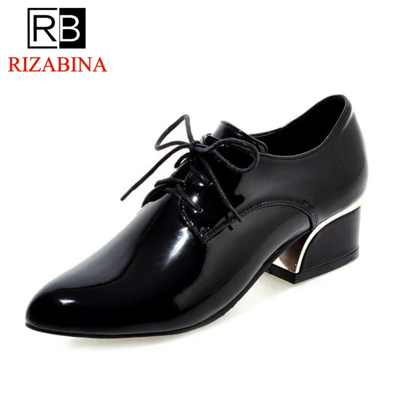 

RIZABINA Pointed Toe Ankle Pumps Women Shoes Classic Vintage Patent Leather Shoes Spring Lace Up Heels Footwear Size 34-43