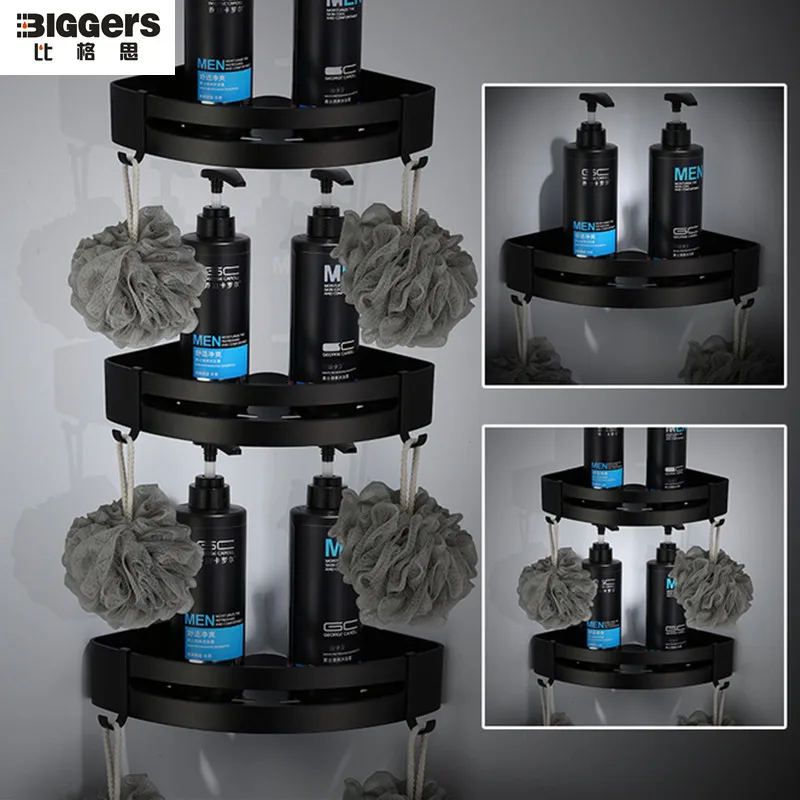 

Free shipping Pendant America style black color aluminum bathroom corner shelf kitchen wall storage shelf rack with hooks