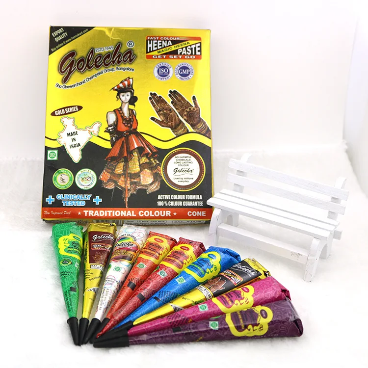 Kaufen 9 stücke Mehndi Golecha Henna tattoo Party Farbige Natürliche Organische Wasserdichte Henna Kegel Paste Gefälschte Tattoo farbe Körper Kunst Henne