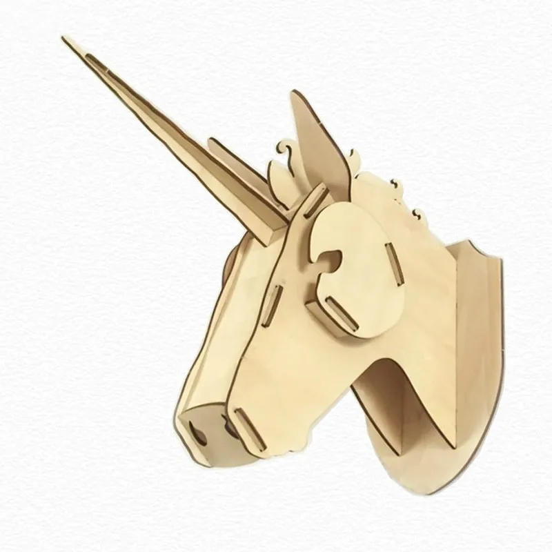 3D Wooden Unicorn Head Wall Hanging Assembly Jigsaw Puzzle Kit Plywood