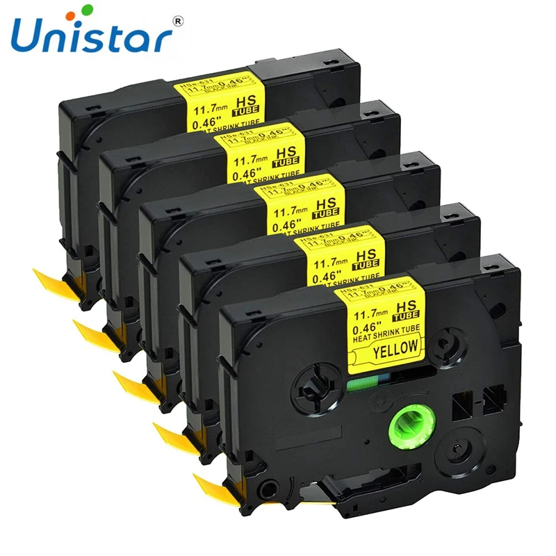 Unistar 5Pack HSe-631 Compatible for Brother Heat Shrink Tube 17.7mm X 1.5m (0.23IN 4.9FT)Black on Yellow Label Printer HSE631 |