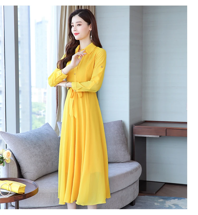 Осеннее Новое поступление размера плюс M-3XL высококачественное элегантное одноцветное женское шифоновое длинное платье с отложным воротником