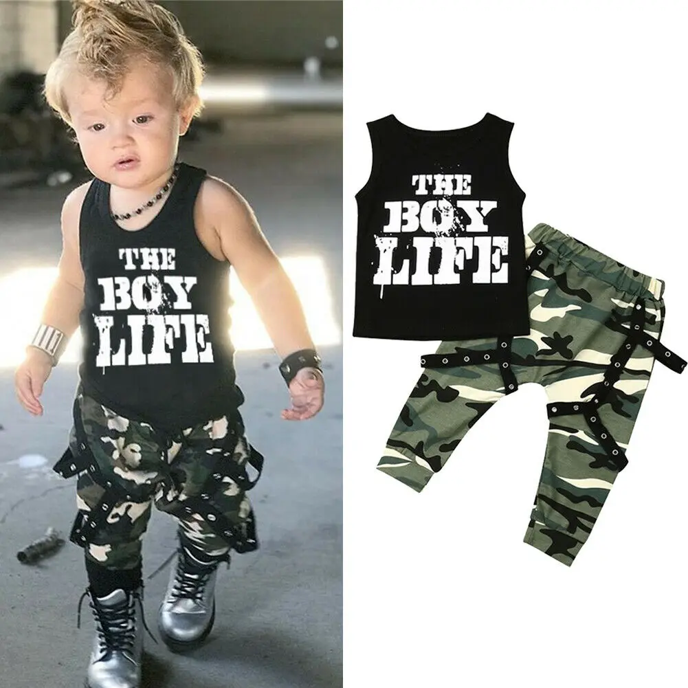 

Toddler Baby Boy Camo Clothes Outfits Sleeveless Black Letters Vest Tops T Shirt Harem Pants Clothing Set