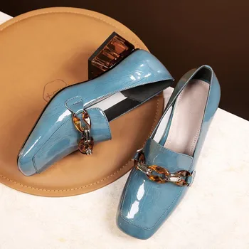 

GPOKHDS 2019 women Pumps Cow leather autumn spring crystal heel chains blue color square toe high heels pumps size 42