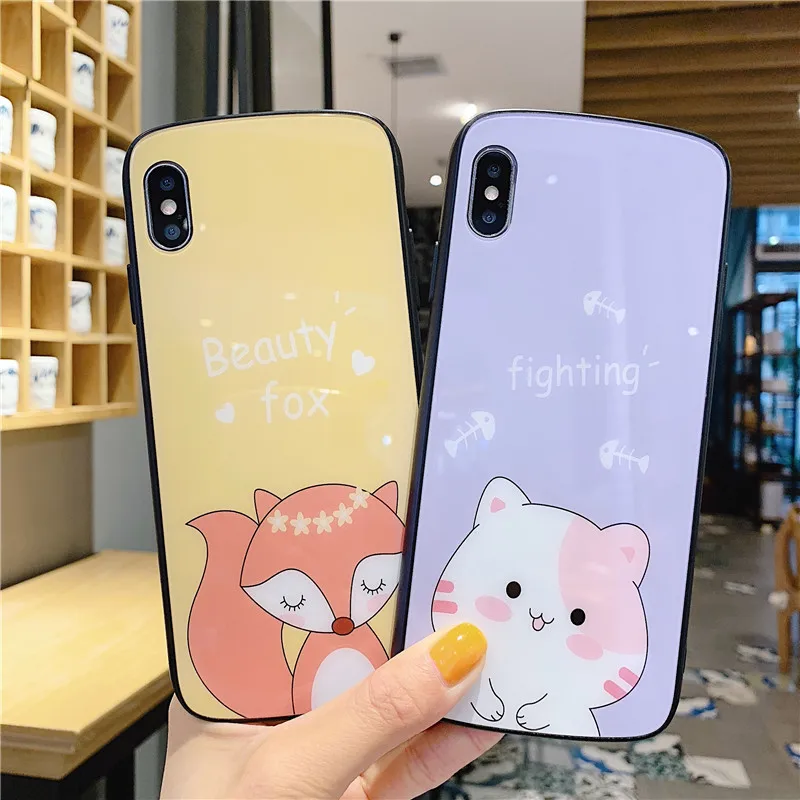 

Cute Cartoon Glossy Tempered Glass Oval Shaped Phone Case for Iphone X Xr 6 7 8 6S Plus Xs/Xs Max Case Back Cover Shell Coque