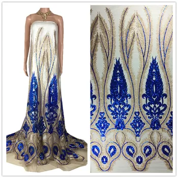 

Blue Color Dubai French Tulle Lace Fabric with Sequin good quality 5 yards Shiny Mesh Net Lace Material For Dress Garment 33